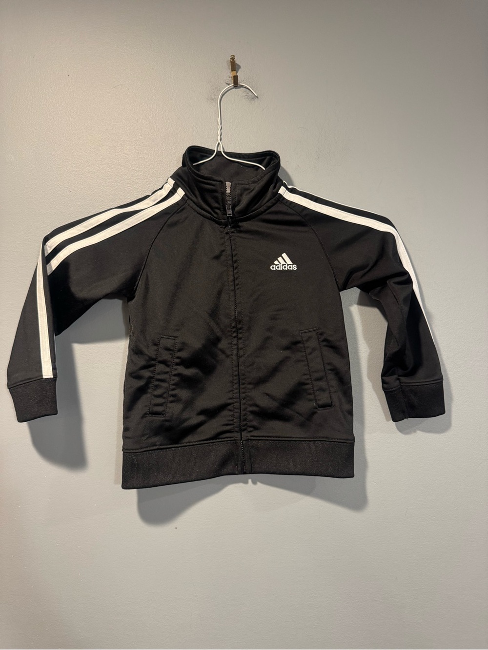 * ADIDAS TRACK JACKET Toddler's 2T Black 3 Stripes Zipper Front Pockets